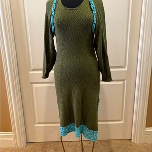 Anthropologie Green Ribbed Bishop Sleeve Sweater Dress